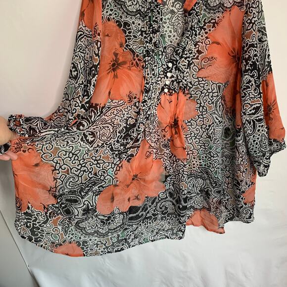 Bedford Fair Womens 2X Button Peach Orange Flower Semi Sheer 3/4 Sleeve Top - Picture 7 of 8